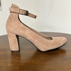 Suede Ankle-Strap Block Heel Pumps